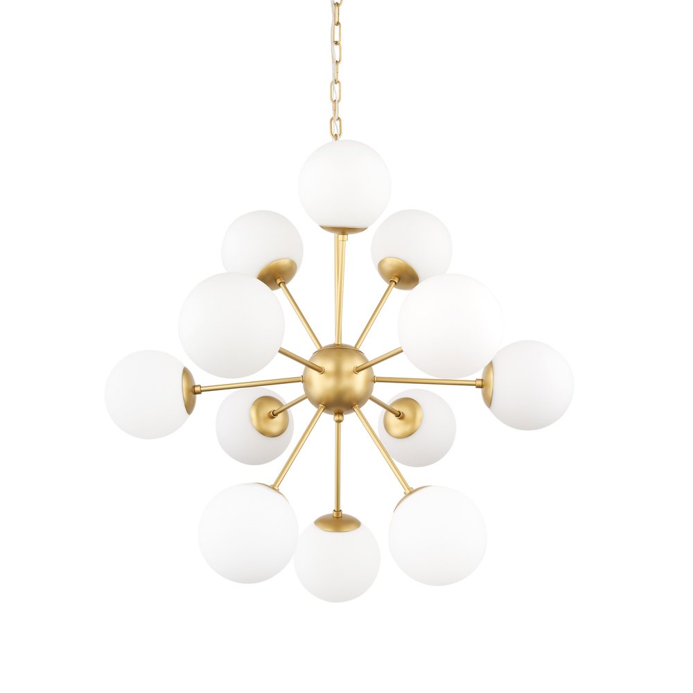 Gold Sputnik Eleven Light Frosted Metal and Glass Dimmable Chandelier With White Shades on a white background