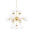 Gold Sputnik Eleven Light Frosted Metal and Glass Dimmable Chandelier With White Shades on a white background
