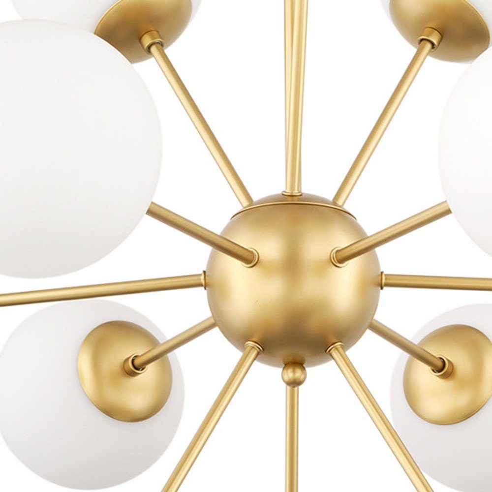 Gold Sputnik Eleven Light Frosted Metal and Glass Dimmable Chandelier With White Shades on a white background