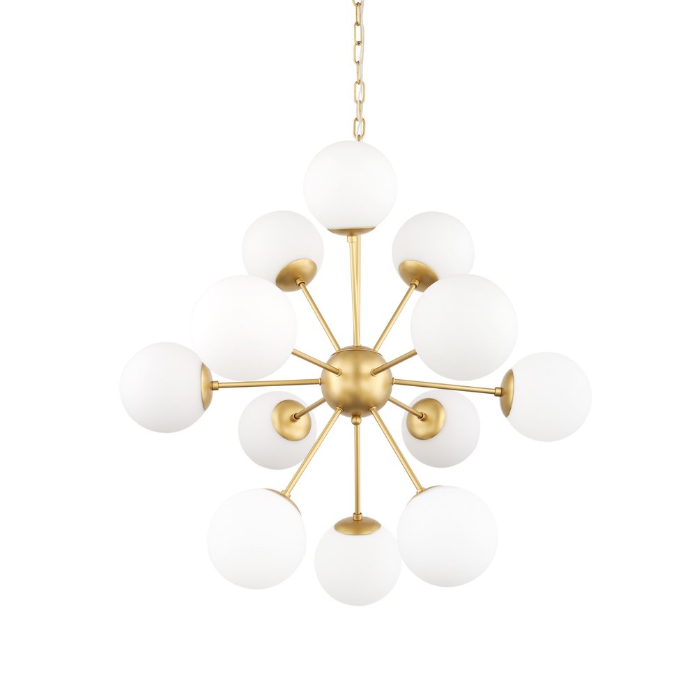 Gold Sputnik Eleven Light Frosted Metal and Glass Dimmable Chandelier With White Shades on a white background