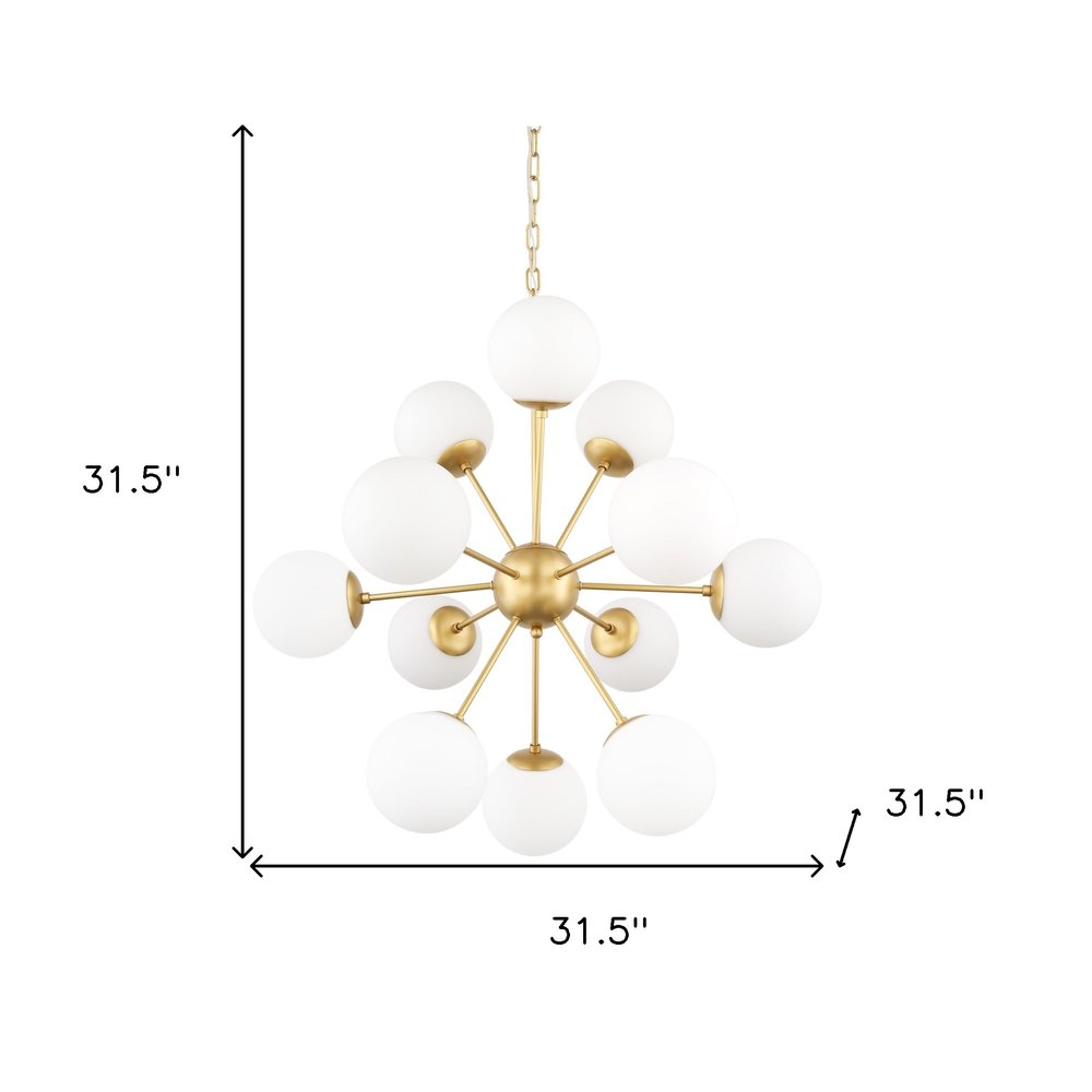 Gold Sputnik Eleven Light Frosted Metal and Glass Dimmable Chandelier With White Shades on a white background