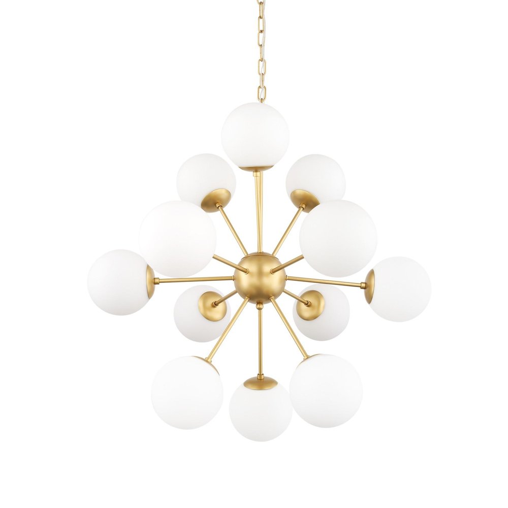 Gold Sputnik Eleven Light Frosted Metal and Glass Dimmable Chandelier With White Shades on a white background