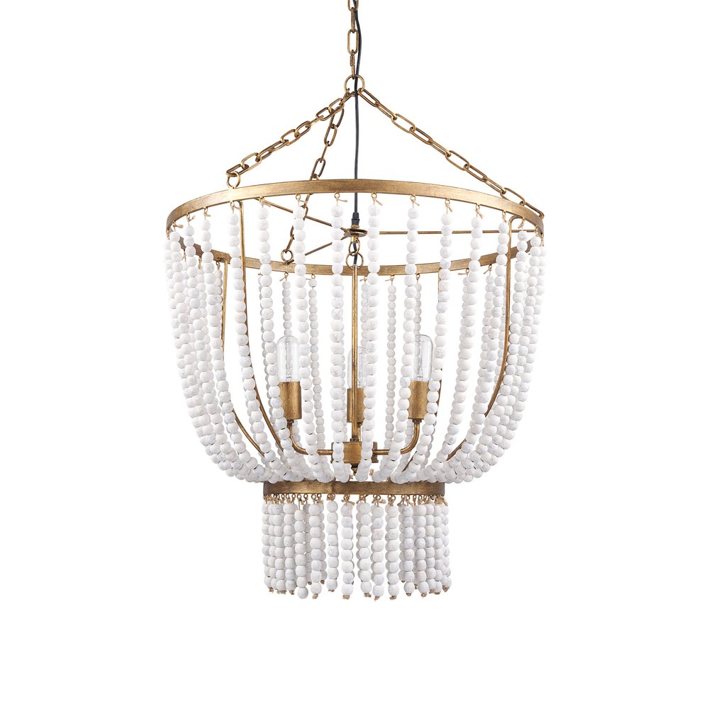 Gold And White Empire Three Light Metal and Beads Dimmable Chandelier on a white background