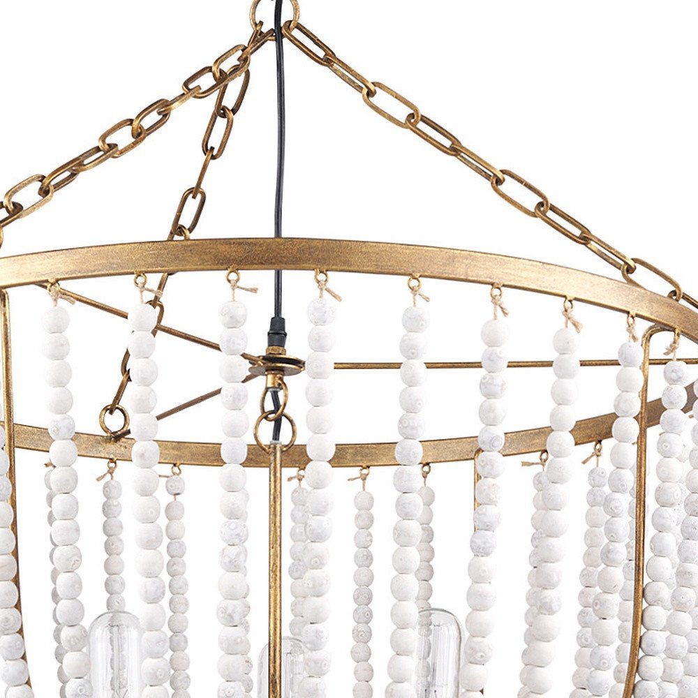 Gold And White Empire Three Light Metal and Beads Dimmable Chandelier on a white background