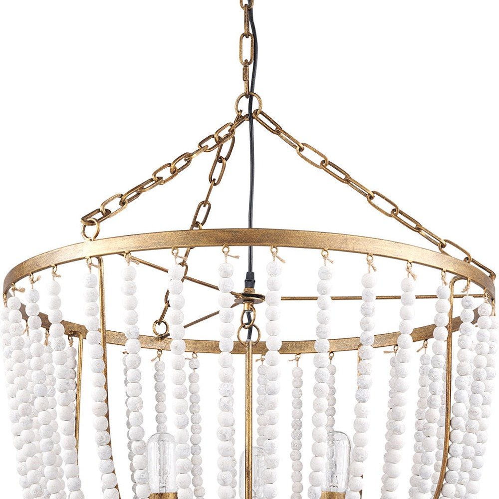 Gold And White Empire Three Light Metal and Beads Dimmable Chandelier on a white background