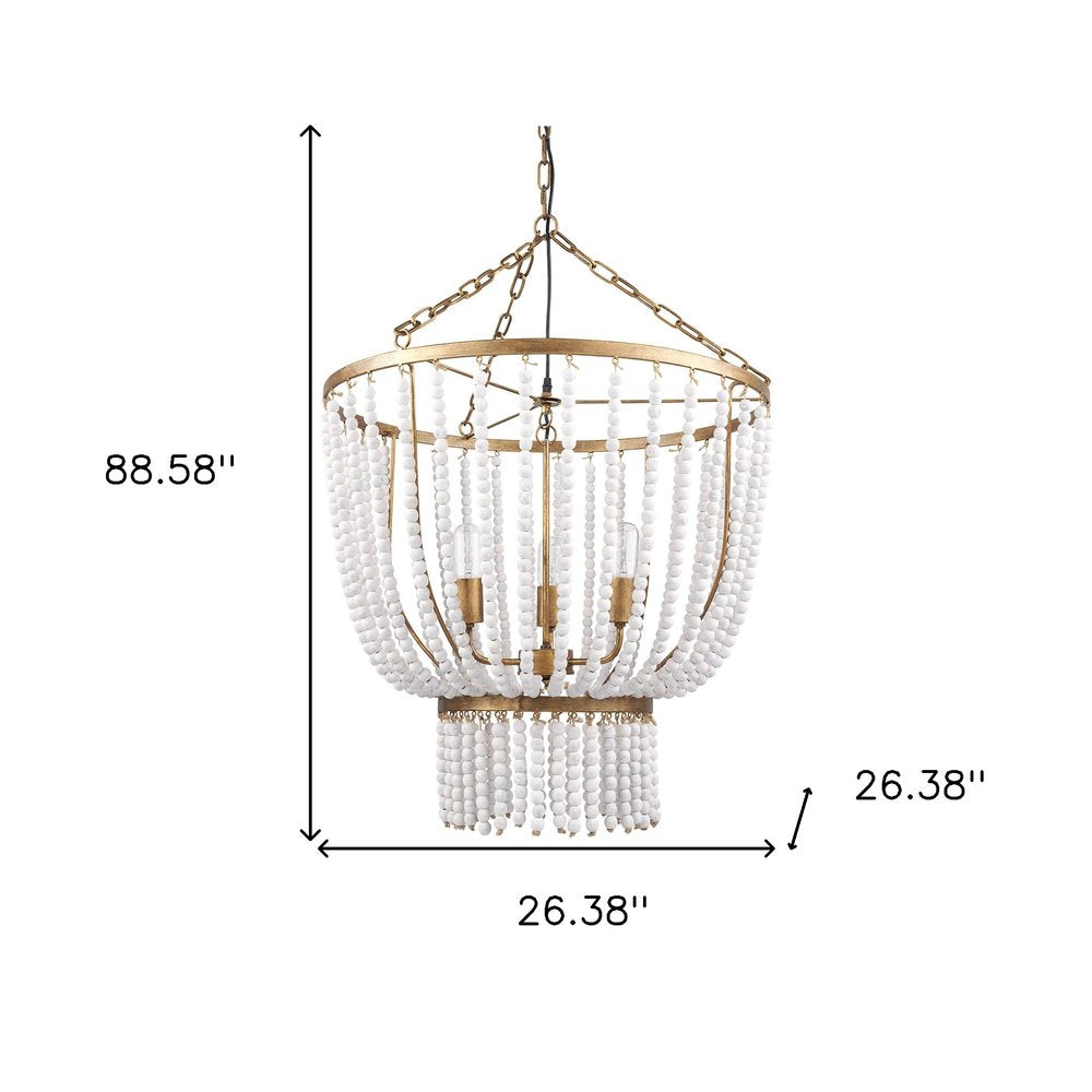 Gold And White Empire Three Light Metal and Beads Dimmable Chandelier on a white background