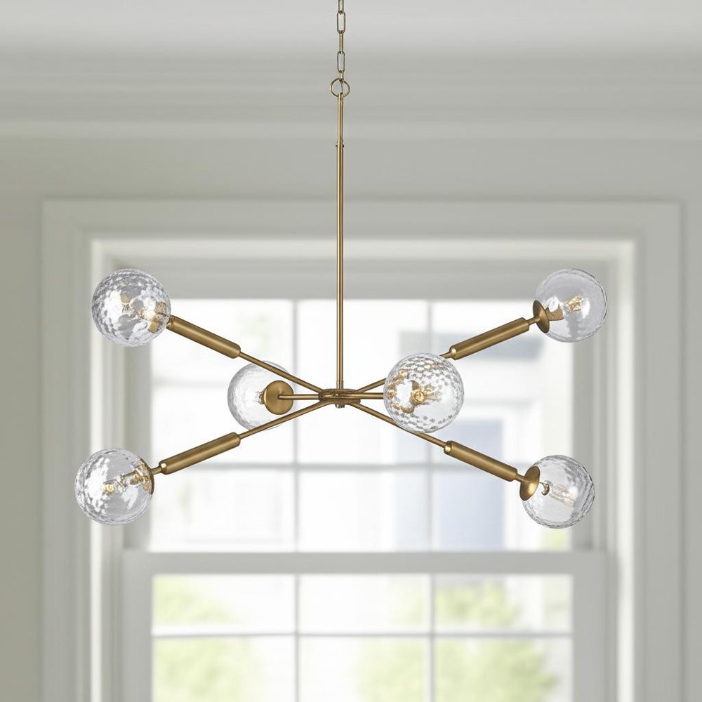 Gold Sputnik Six Light Metal and Glass Dimmable Chandelier With Clear Shades