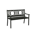 Black metal garden bench with geometric back design on a white background.