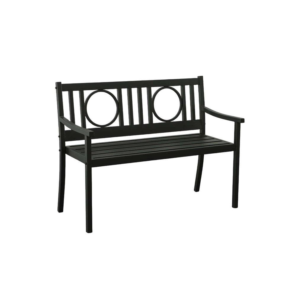 Black metal garden bench with geometric back design on a white background.