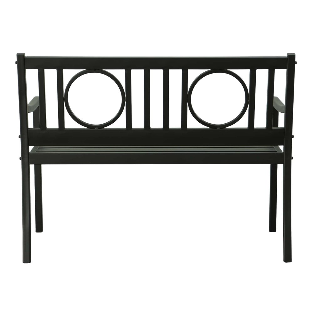 45" Black Metal Geometric Back Garden Patio Bench. Outdoor benche isolated on a plain white background, in a black metal finish.
