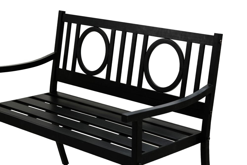 45" Black Metal Geometric Back Garden Patio Bench. Outdoor benche isolated on a plain white background, finished in black metal.