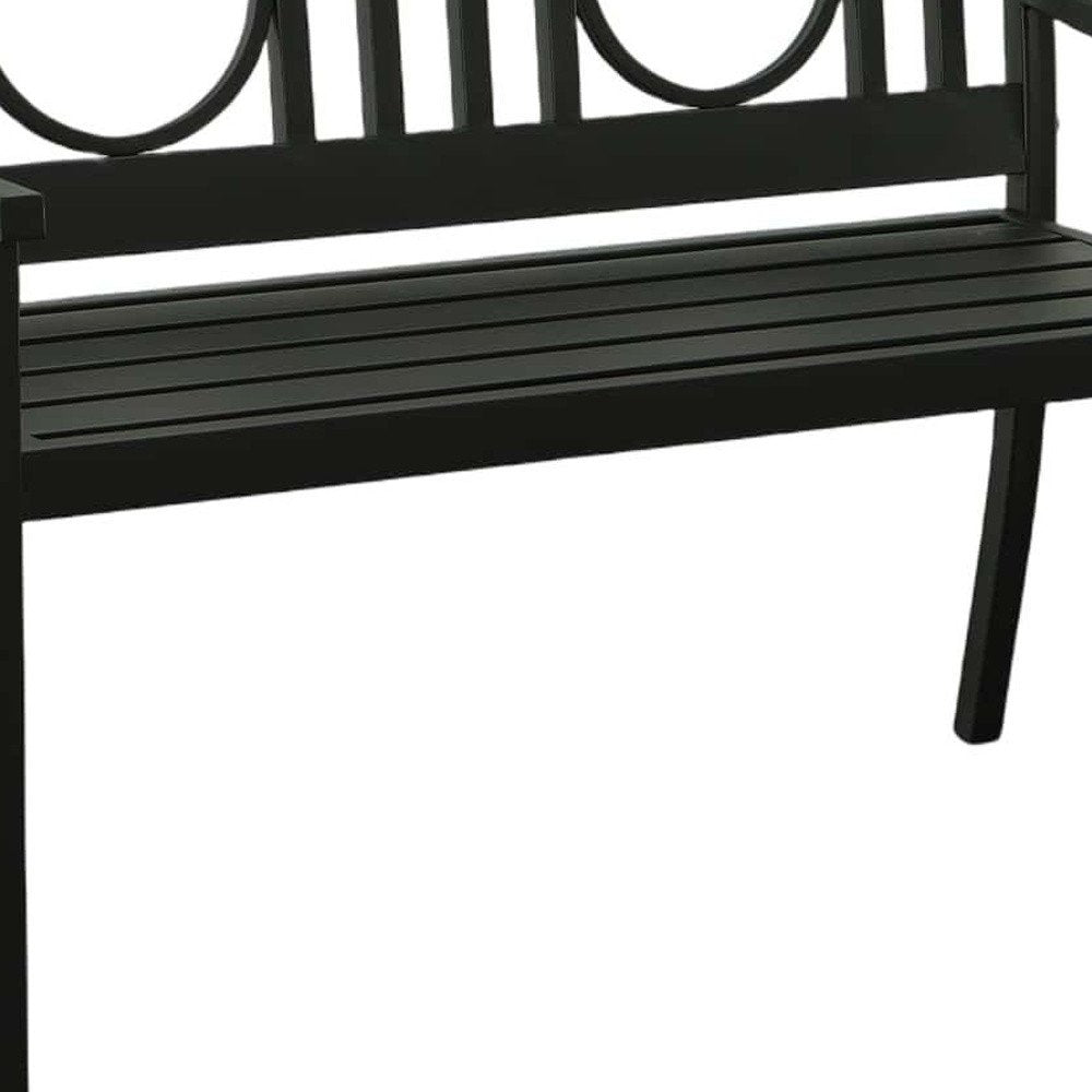 45" Black Metal Geometric Back Garden Patio Bench. Outdoor benche isolated on a plain white background, showing a black metal surface.