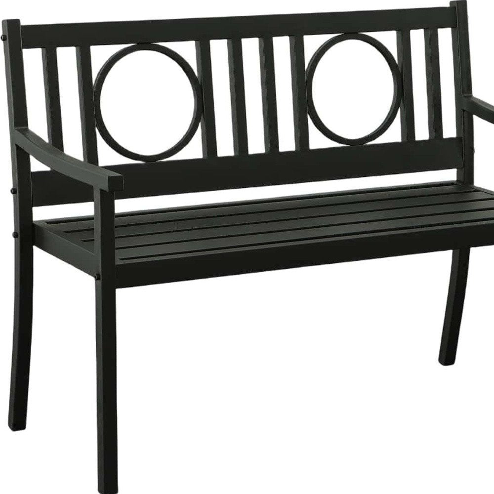 45" Black Metal Geometric Back Garden Patio Bench. Outdoor benche isolated on a plain white background, in a black metal finish.