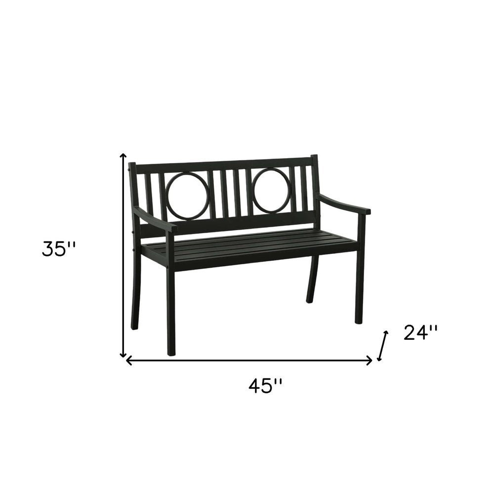 45" Black Metal Geometric Back Garden Patio Bench. Outdoor benche isolated on a plain white background, showing a black metal surface.
