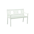 White metal garden bench with slatted seat and backrest featuring circular cutouts, isolated on a white background.