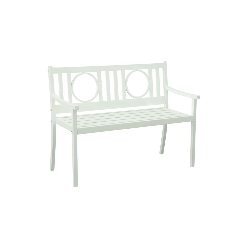 White metal garden bench with slatted seat and backrest featuring circular cutouts, isolated on a white background.