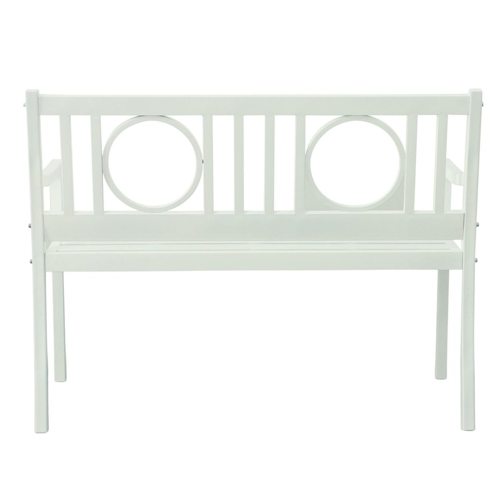 45" White Metal Garden Patio Bench. Outdoor benche isolated on a plain white background, showing a white metal surface.