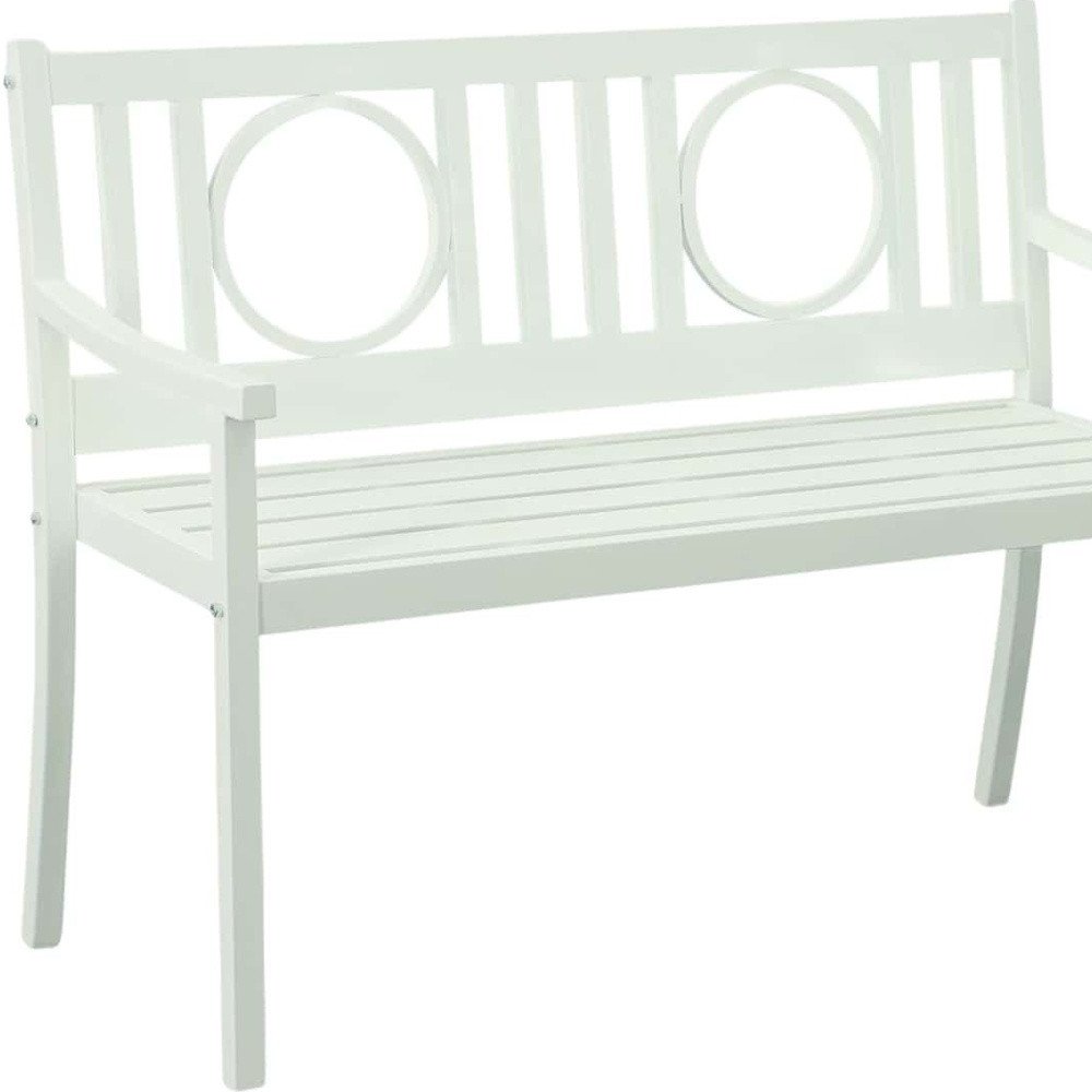45" White Metal Garden Patio Bench. Outdoor benche isolated on a plain white background, finished in white metal.