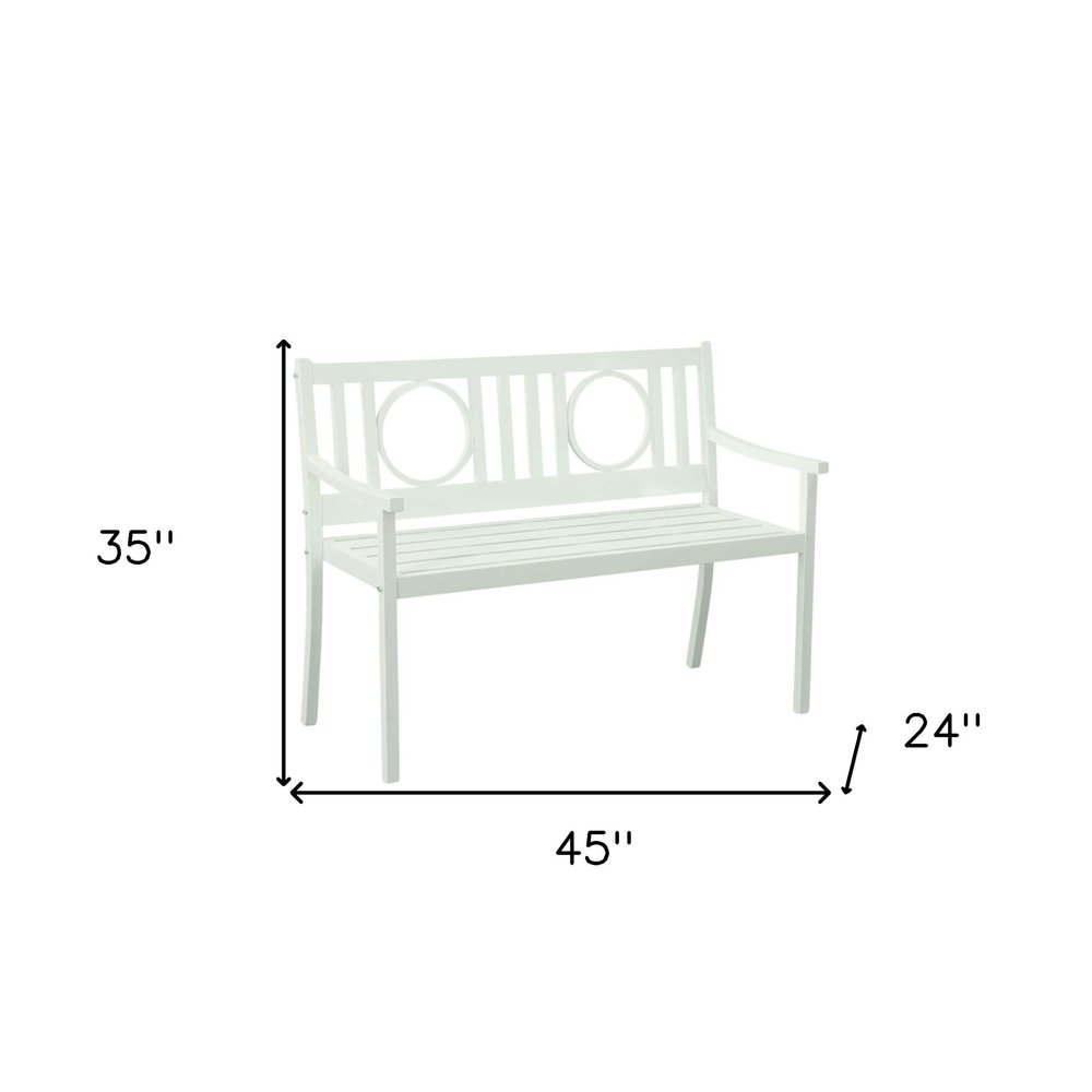 45" White Metal Garden Patio Bench. Outdoor benche isolated on a plain white background, showing a white metal surface.