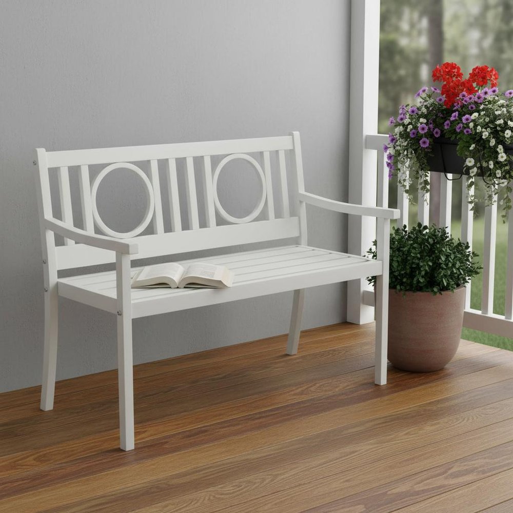 45" White Metal Garden Patio Bench styled in a furnished interior with a light gray wall on a wood floor.