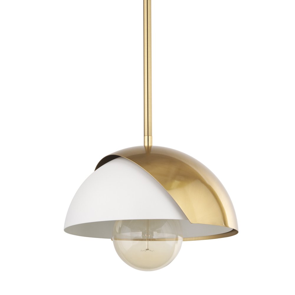 Brass And White Single Metal Dimmable Ceiling Light With White Shades on a white background