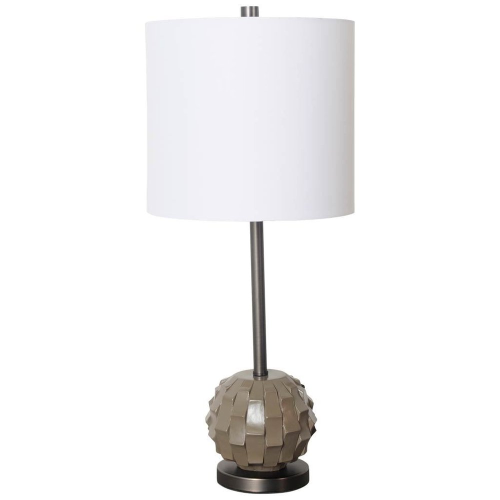 25" Gray Round Bedside Lamp With Drum Shade. Lamp isolated on a plain white background, finished in gray.