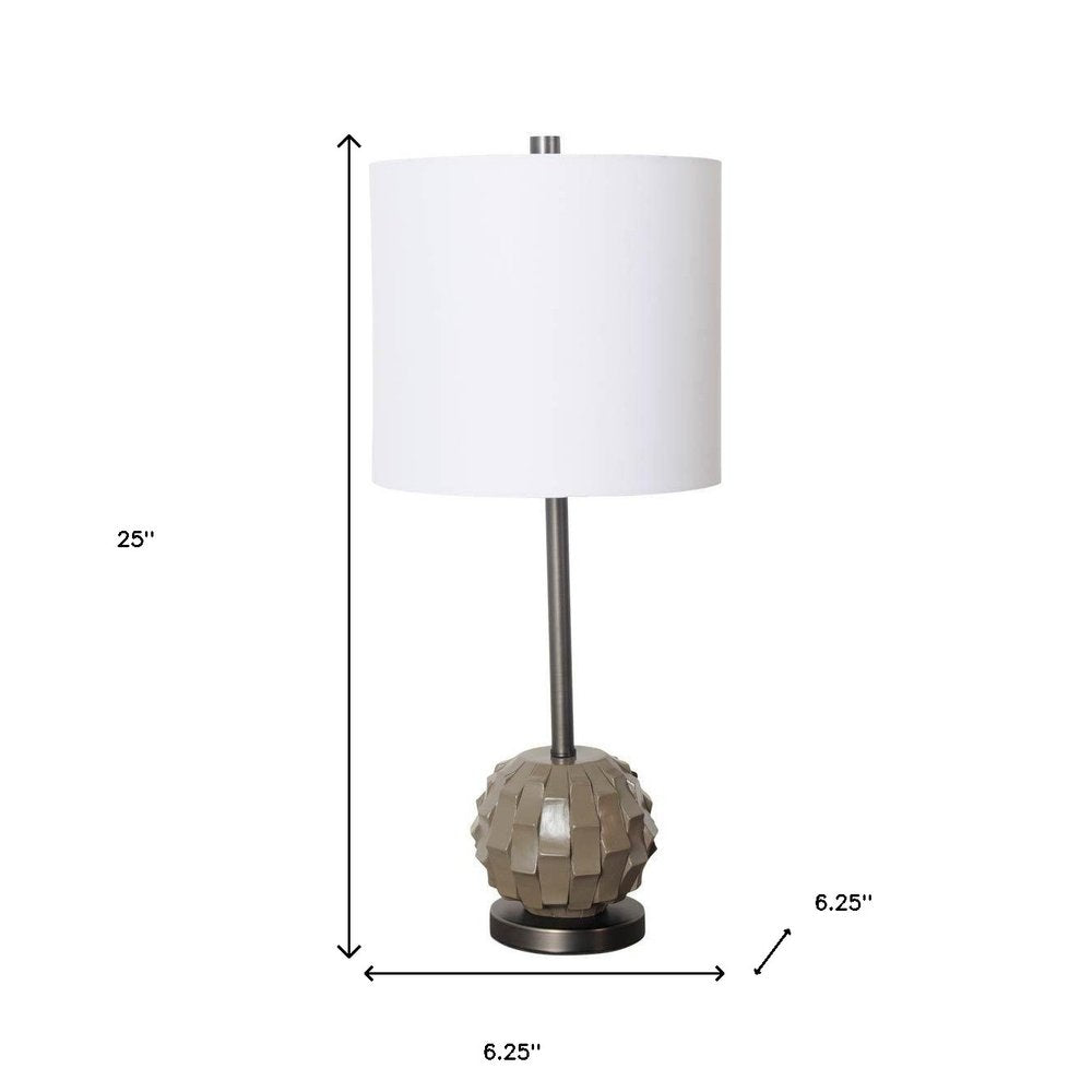 25" Gray Round Bedside Lamp With Drum Shade. Lamp isolated on a plain white background, finished in gray.
