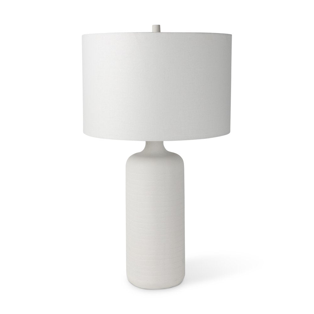 31" White Round Bedside Lamp With Drum Shade. Lamp isolated on a plain white background, finished in white.