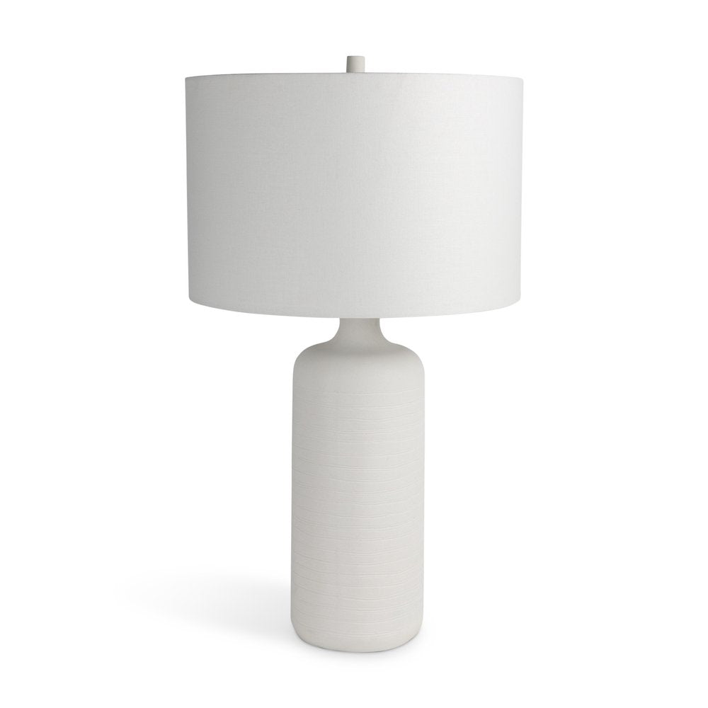 31" White Round Bedside Lamp With Drum Shade. Lamp isolated on a plain white background, finished in white.