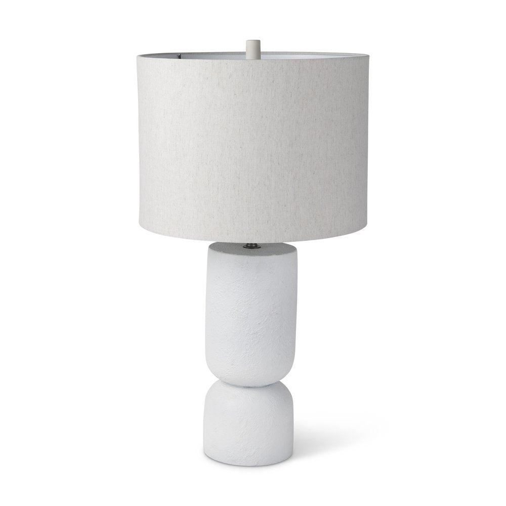 28" White Round Bedside Lamp With Drum Shade. Lamp isolated on a plain white background, finished in white.