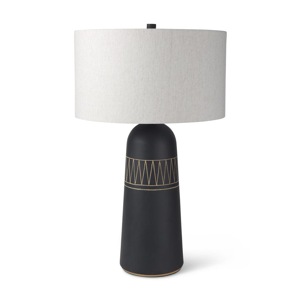 30" Black Round Bedside Lamp With Drum Shade. Lamp isolated on a plain white background, finished in black.