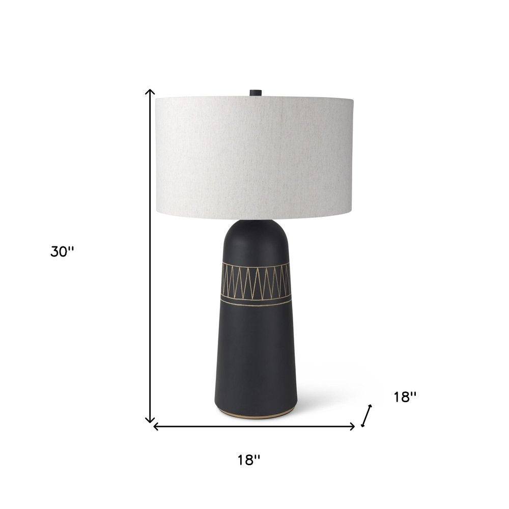 30" Black Round Bedside Lamp With Drum Shade. Lamp isolated on a plain white background, showing its black color.