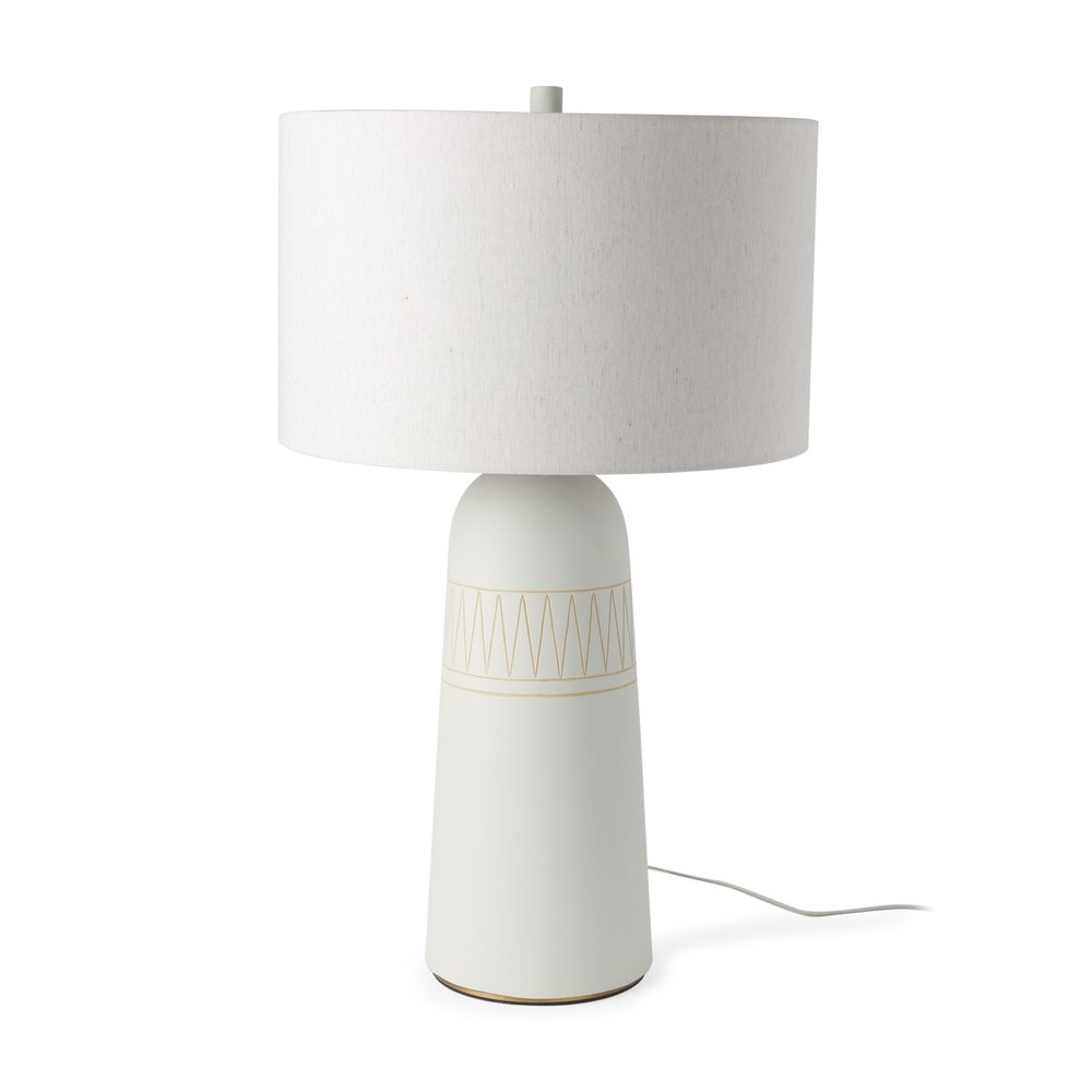 30" Cream Round Bedside Lamp With Drum Shade. Lamp isolated on a plain white background, finished in cream.