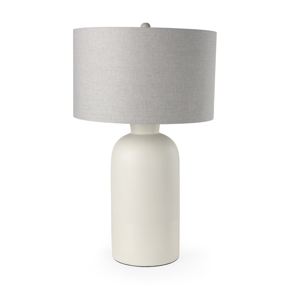 33" Cream Round Bedside Lamp With Drum Shade. Lamp isolated on a plain white background, in a cream finish.