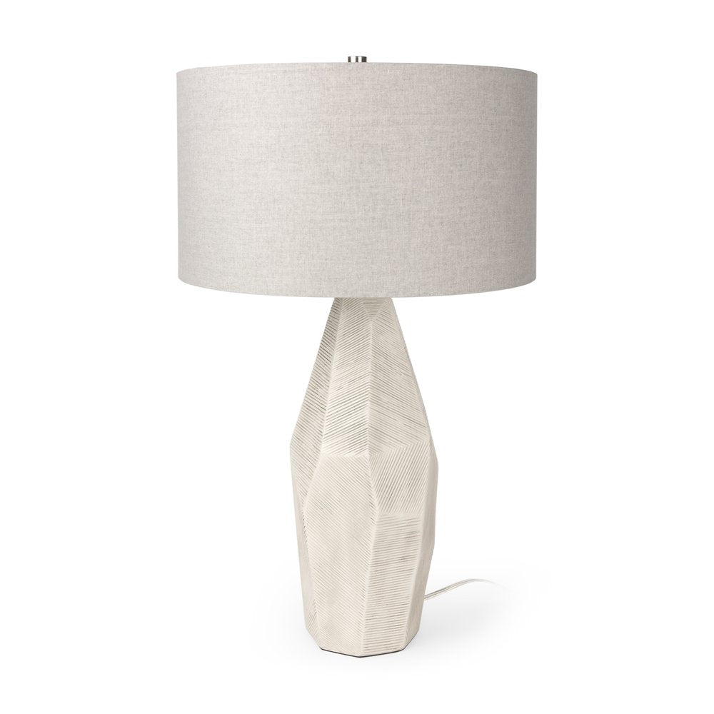 30" Cream Round Bedside Lamp With Drum Shade. Lamp isolated on a plain white background, finished in cream.