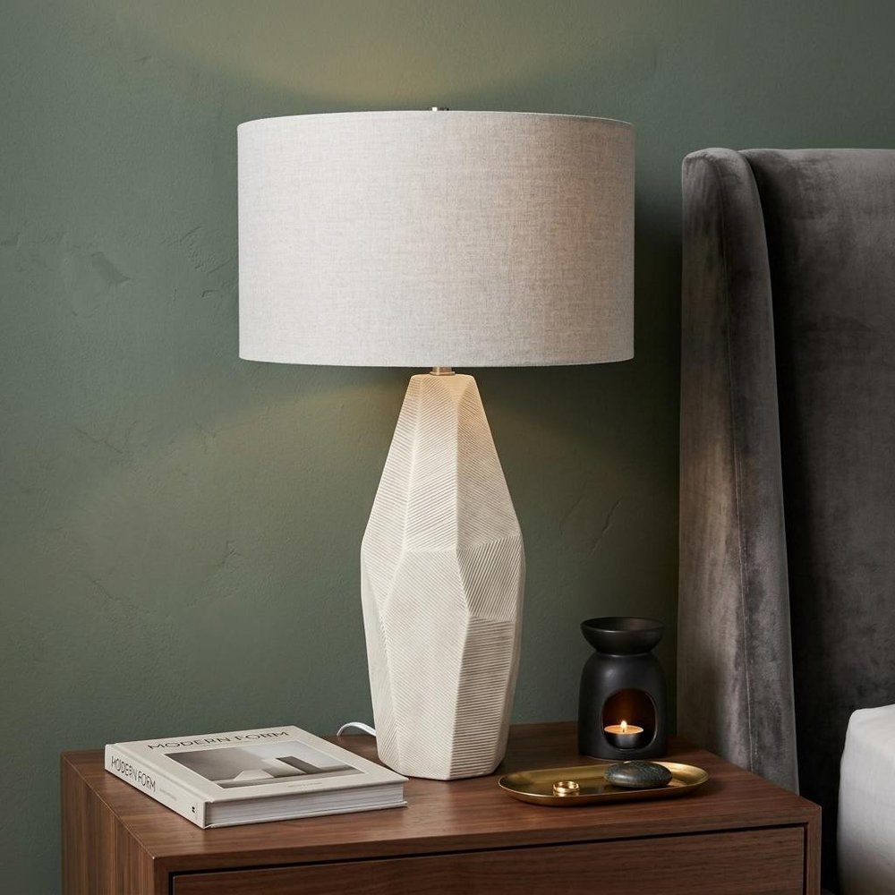 30" Cream Round Bedside Lamp With Drum Shade.