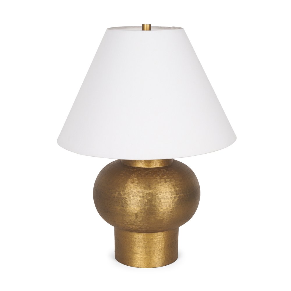 26" Gold Round Bedside Lamp With Bell Shade. Lamp isolated on a plain white background, finished in gold.