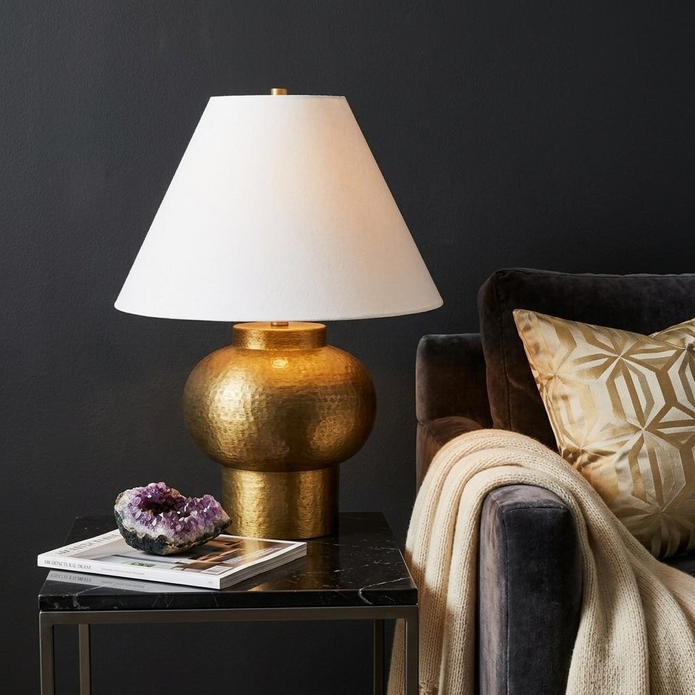 26" Gold Round Bedside Lamp With Bell Shade photographed against a dark studio background.