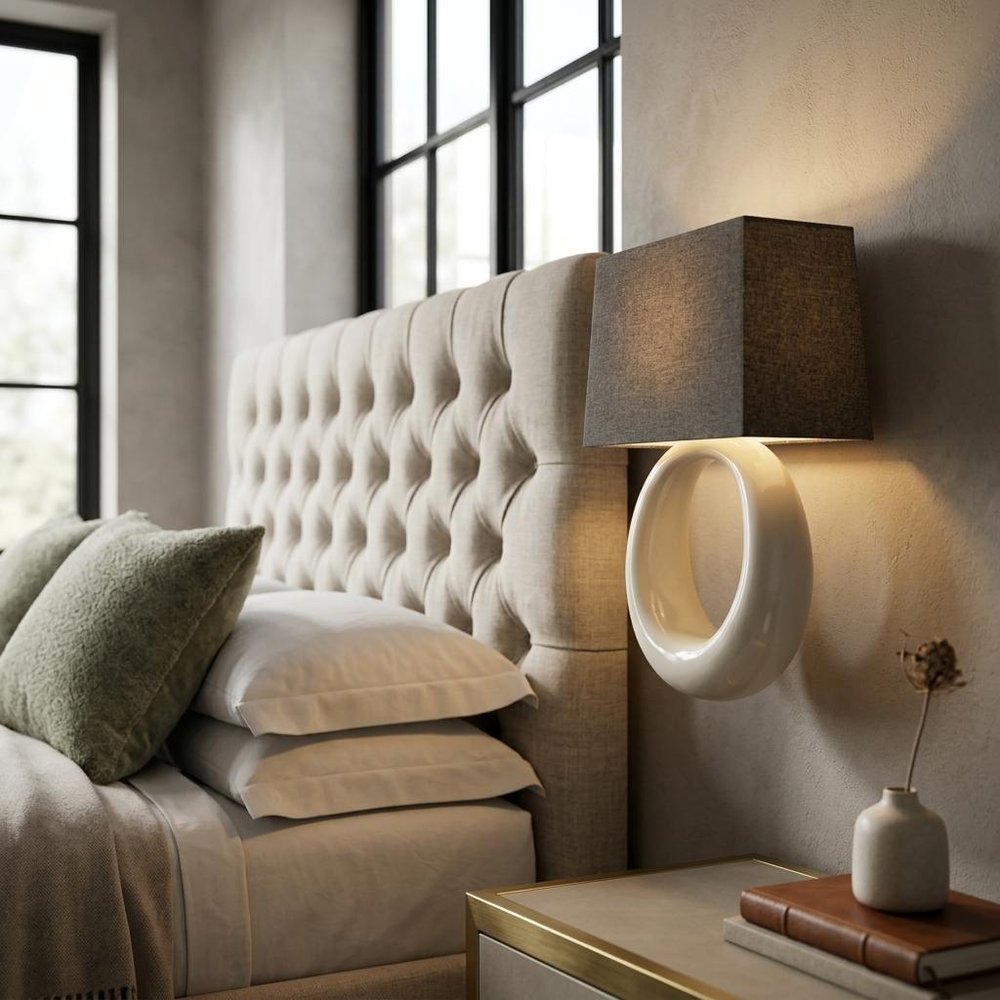 12" Dark Gray And Light Gray Resin and Fabric Armed Sconce.