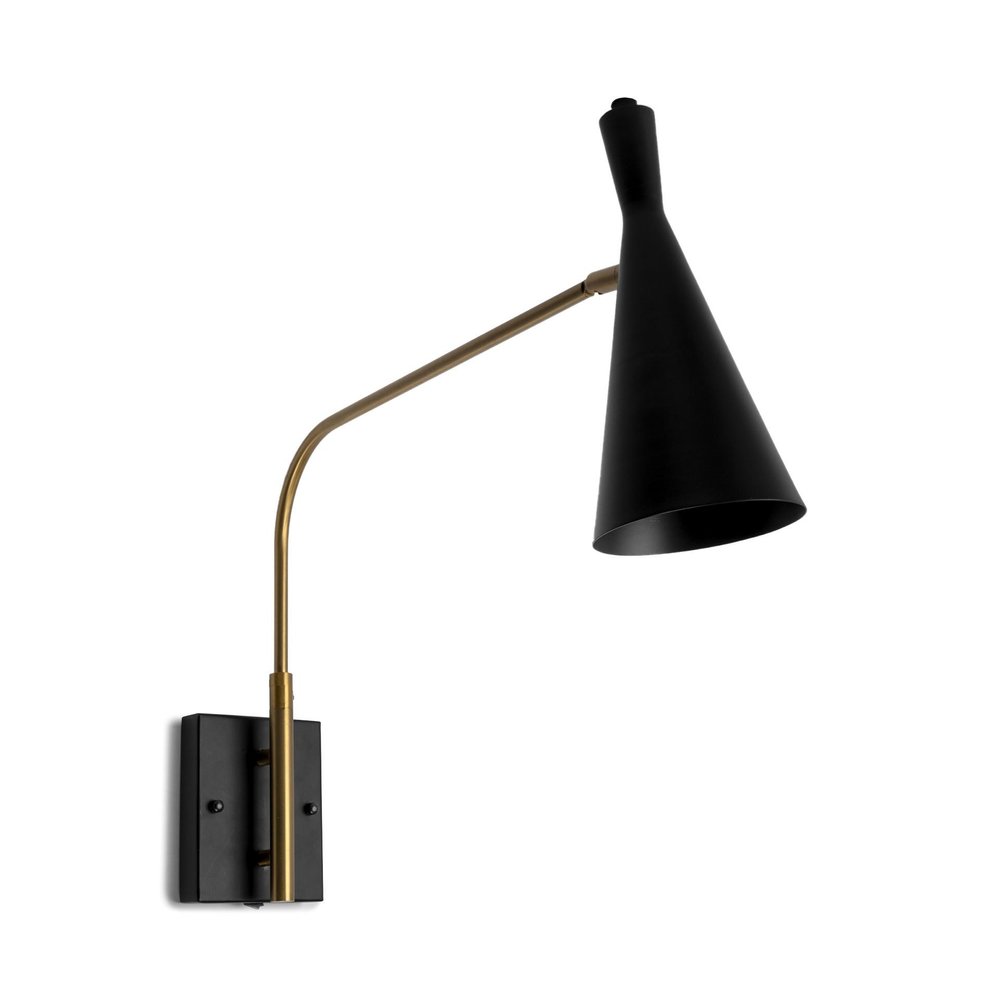 5" Antiqued Gold And Black Metal Swing Arm Wall Light. Wall light isolated on a plain white background, finished in black metal.