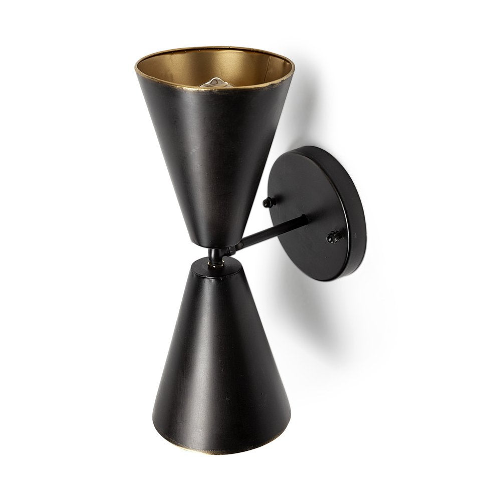 Black And Gold Metal Double Cone Two Light Armed Sconce on a white background