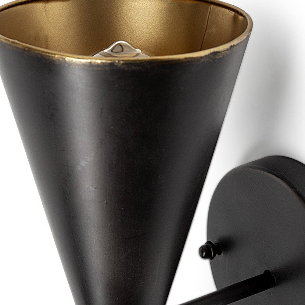 Black And Gold Metal Double Cone Two Light Armed Sconce close-up detail