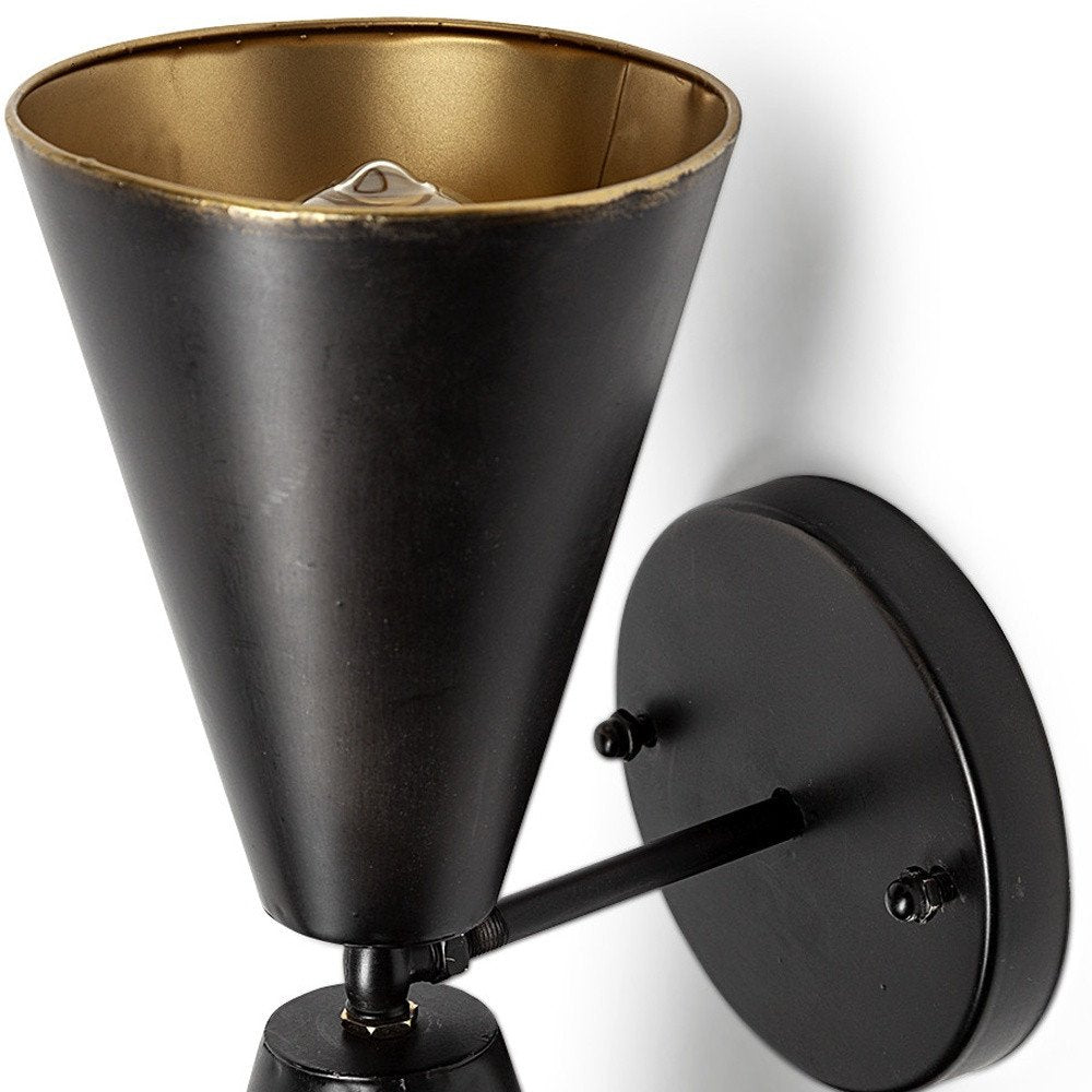 Black And Gold Metal Double Cone Two Light Armed Sconce on a white background