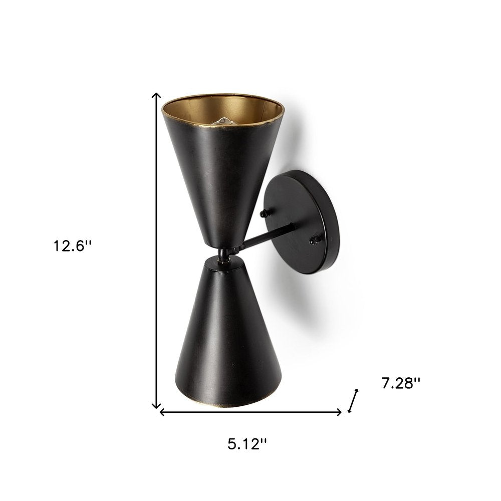 Black And Gold Metal Double Cone Two Light Armed Sconce on a white background