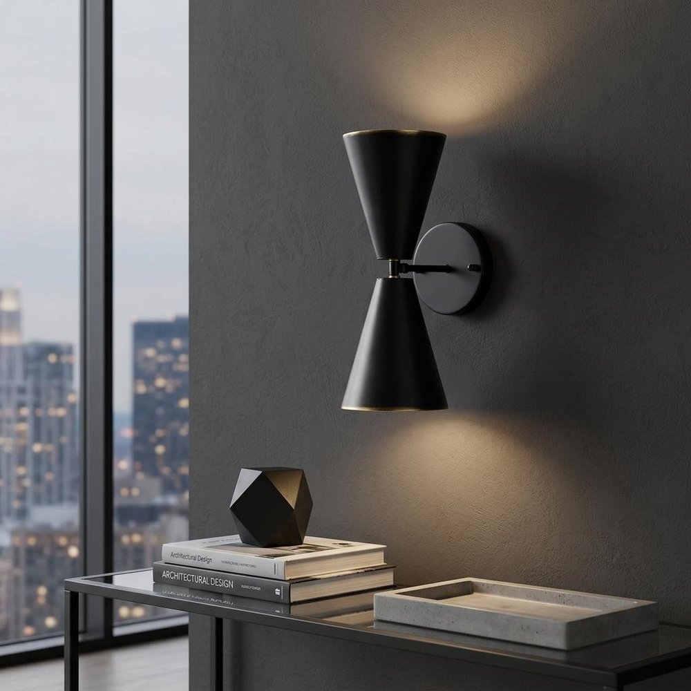 Black And Gold Metal Double Cone Two Light Armed Sconce in a home interior