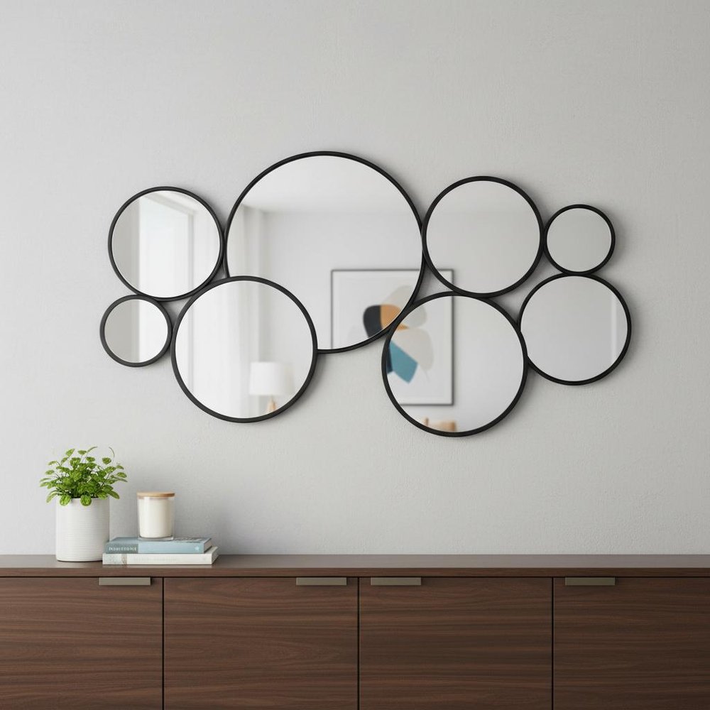 Set Of Eight Black Metal Round Cojoined Accent Mirrors in a home interior