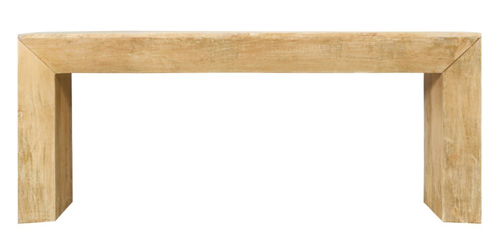 Natural solid wood console table with a distressed finish on a white background.