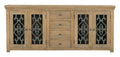 84" Natural Distressed Solid Wood Four Drawer Sideboard Soft Close with Four Glass Doors on a white background