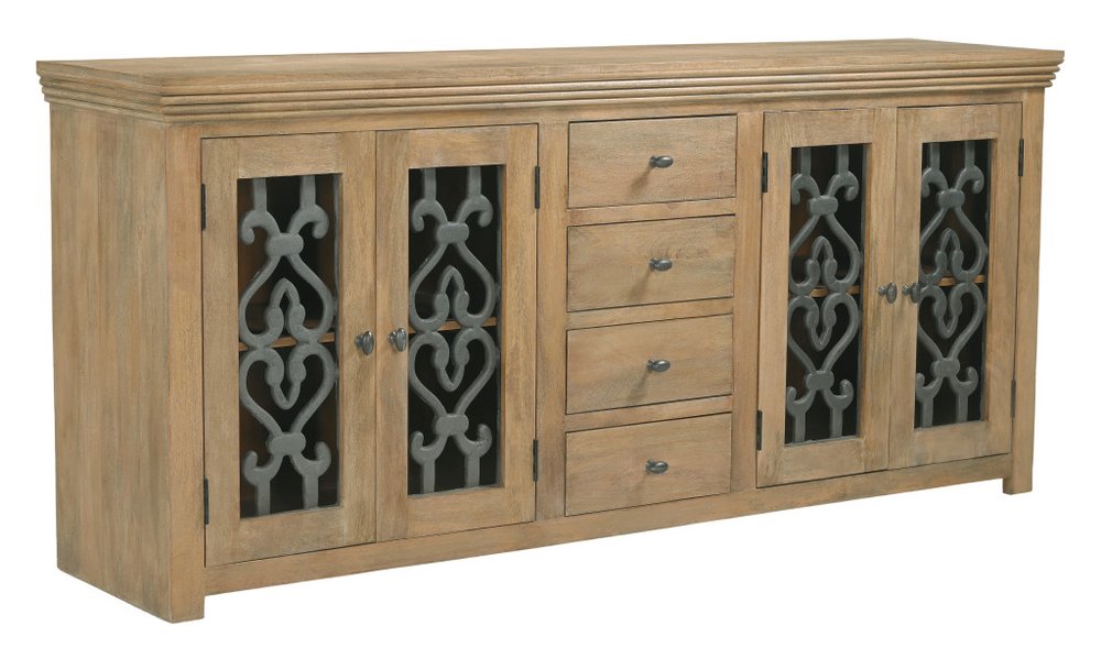 84" Natural Distressed Solid Wood Four Drawer Sideboard Soft Close with Four Glass Doors on a white background