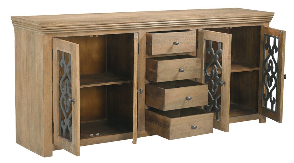 84" Natural Distressed Solid Wood Four Drawer Sideboard Soft Close with Four Glass Doors on a white background